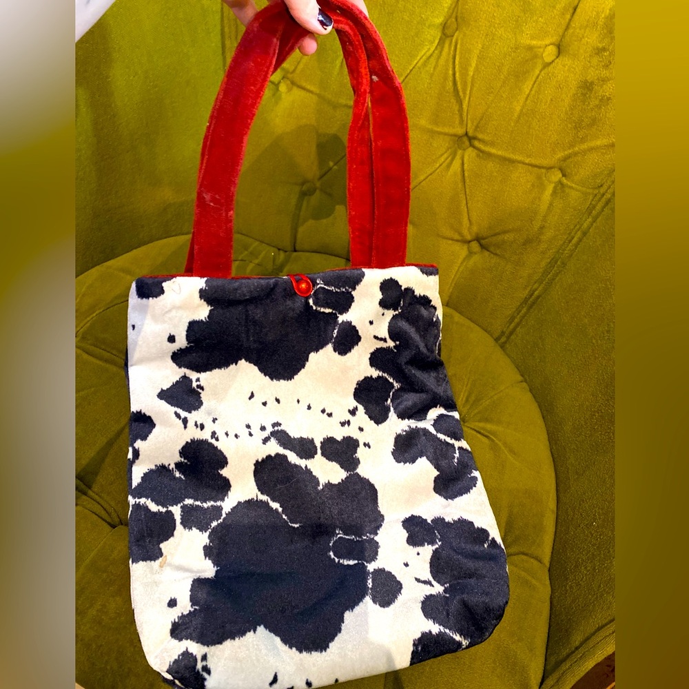 Faux Cow fur with Red Corduroy Straps hand bag style tote.